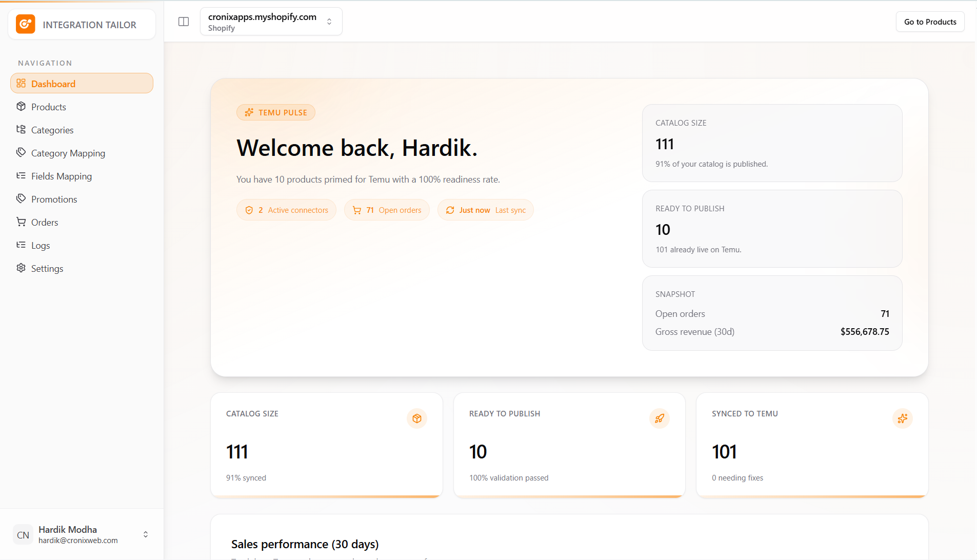 Integration Tailor sync dashboard